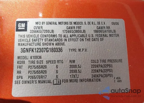 2007 Chevrolet Avalanche K1500 z USA, uszkodzony, nr VIN 3GNFK12307G180336